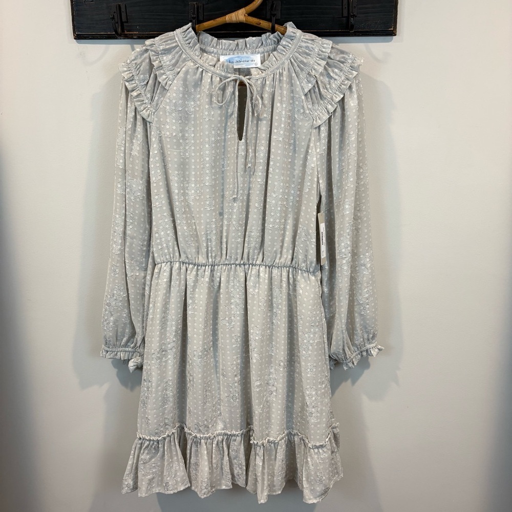 NWT Big Water Blue Sky Silver Polka Dot Floral Ruffle Tie Neck Dress Size Large